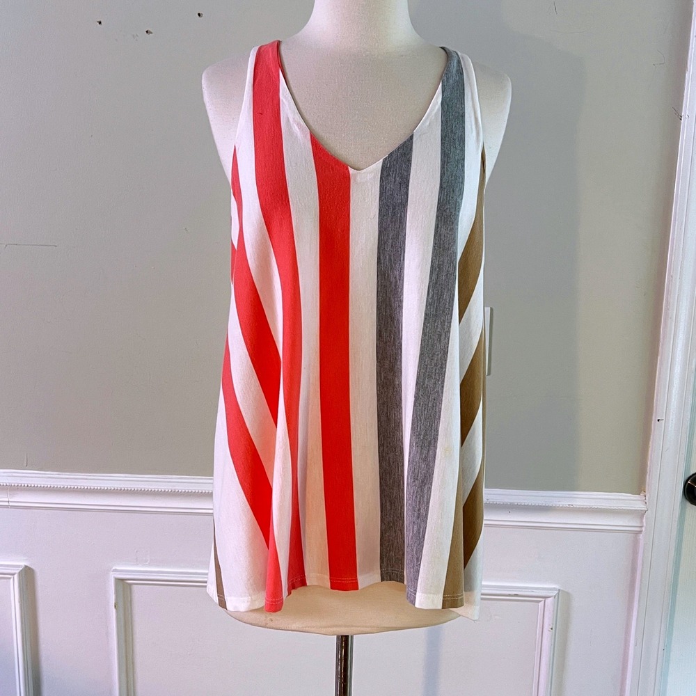 Puella Tank Top Small Women Striped V-Neck Pleated Back Coral Grey Boho Swing